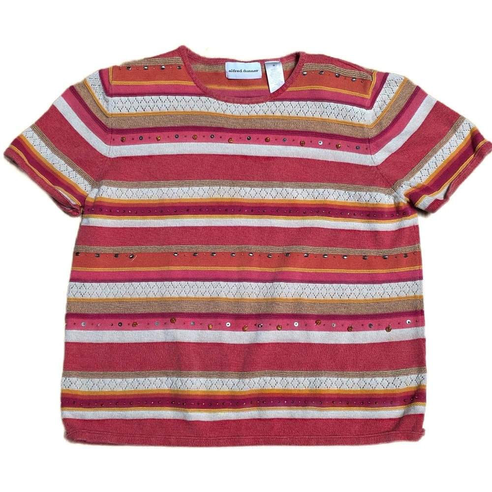 Alfred Dunner Striped Sequin Knit Top Women's Size M‎ Pink Orange Short Sleeve